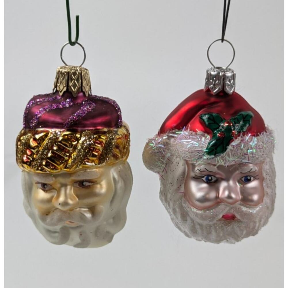 Mouth Blown Glass Santa Christmas Ornaments Head Handcrafted Holiday Tree Purple